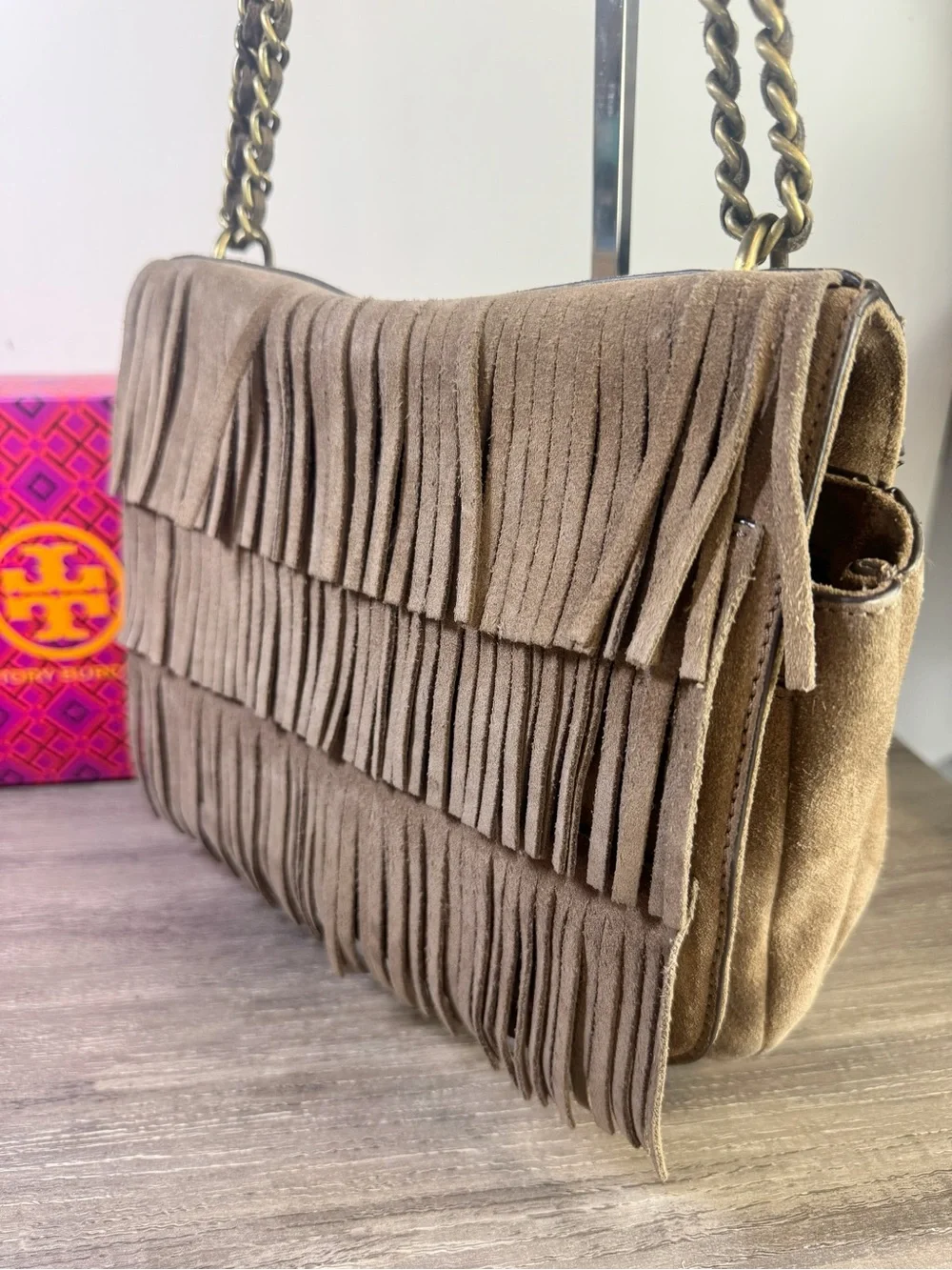 Tory Burch Tan Suede Fringe Shoulder Crossbody Bag with Antique Gold Chain